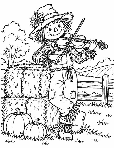 Scarecrow playing a fiddle beside stacked hay bales coloring page