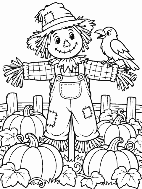 Scarecrow in a pumpkin patch coloring page