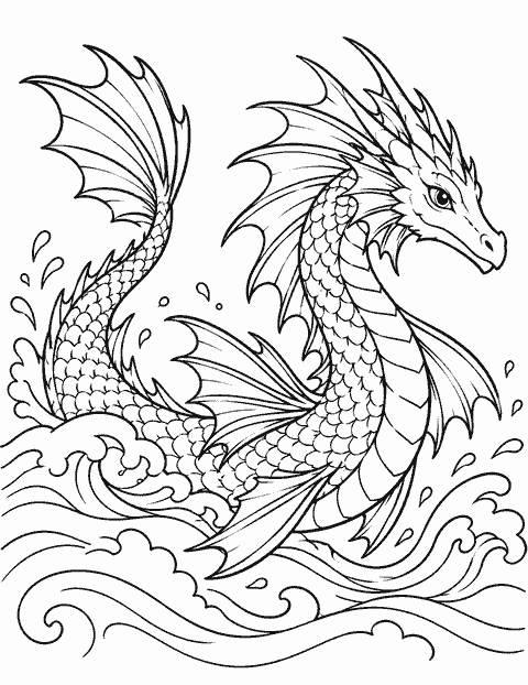 Sea dragon in the waves coloring page