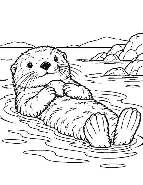 Sea otter floating on its back with a pebble coloring page