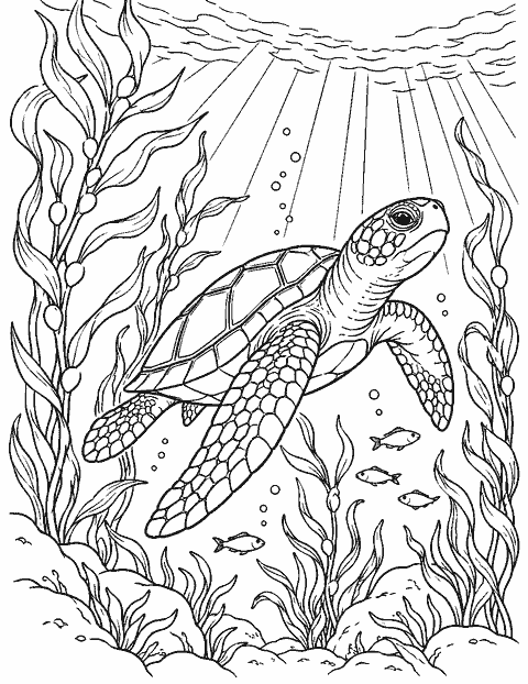 Sea turtle swimming through kelp and sunbeams coloring page