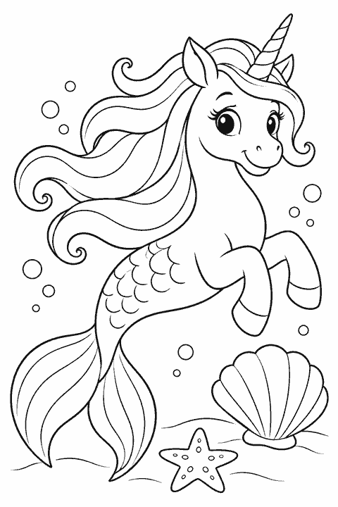 Sea unicorn with a mermaid tail coloring page