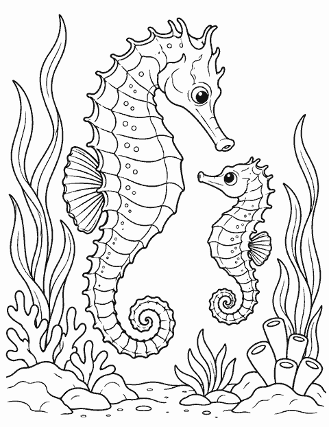 Seahorse with a baby seahorse coloring page