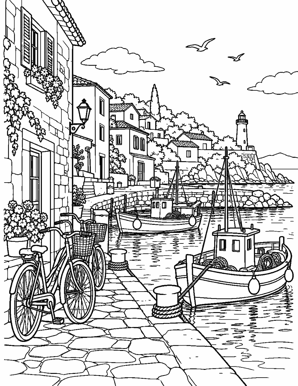 Seaside village with bicycles and fishing boats coloring page, black and white line art