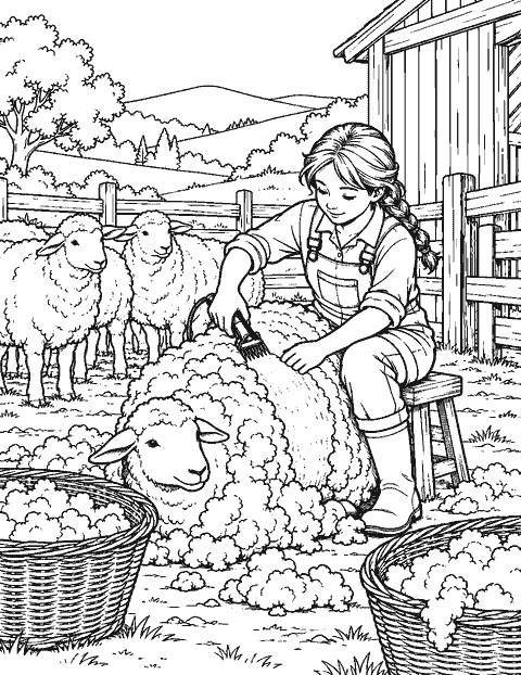 Sheep shearing day with wool baskets coloring page
