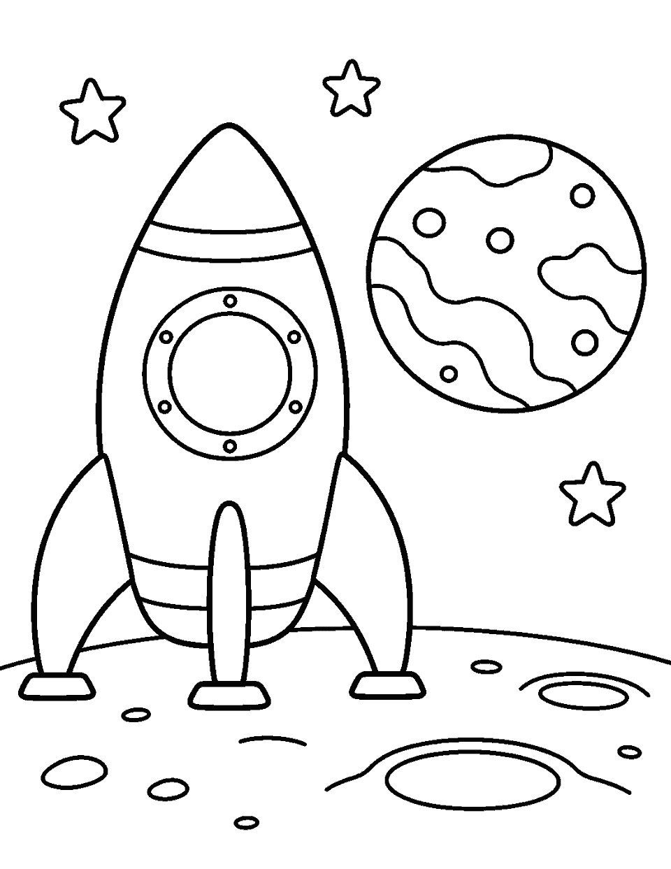 Simple rocket parked beside a small planet coloring page, black and white line art