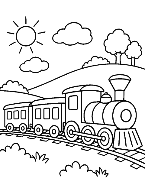 Simple train moving past a hill coloring page