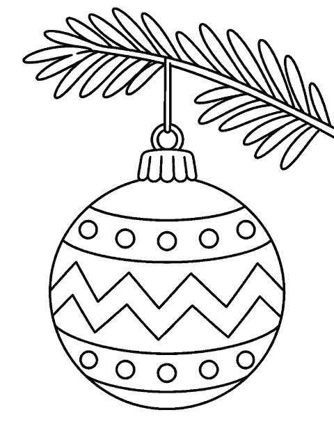 Single round ornament hanging from a pine branch coloring page
