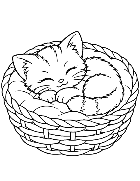 Sleepy kitten curled in a round basket coloring page