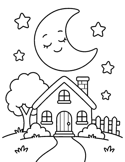 Sleepy moon above a little house coloring page