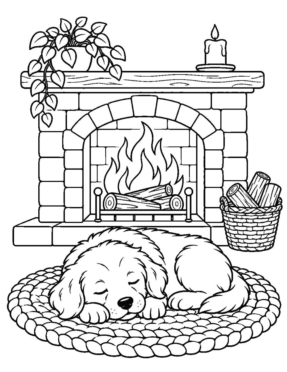 Sleepy puppy on a knitted rug by the fire coloring page, black and white line art