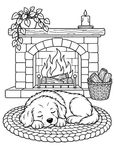 Sleepy puppy on a knitted rug by the fire coloring page
