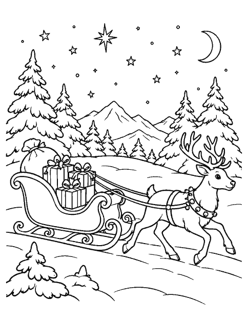 Sleigh gliding past snowy fir trees under stars coloring page