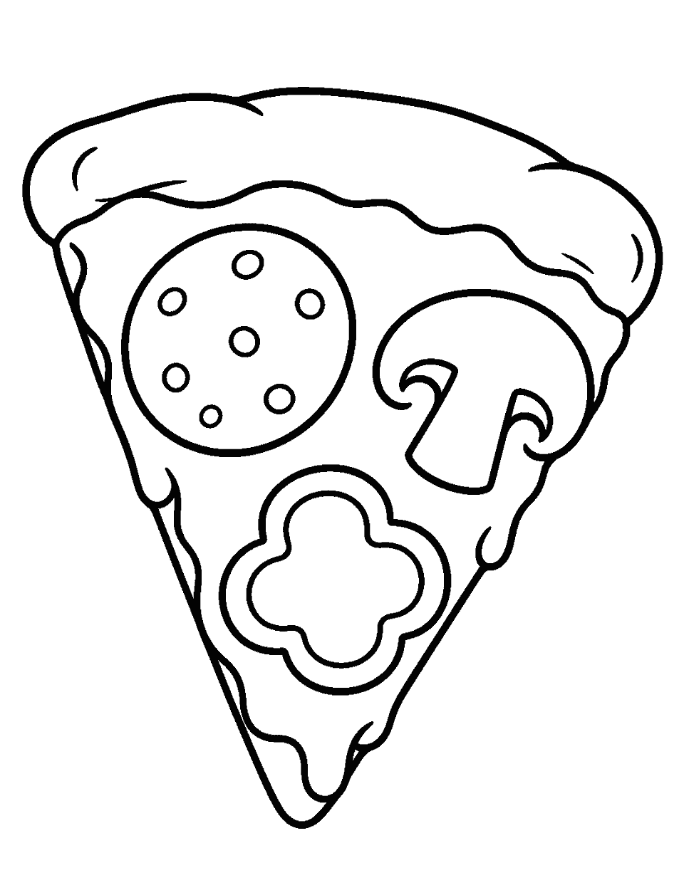 Slice of pizza with three big toppings coloring page, black and white line art