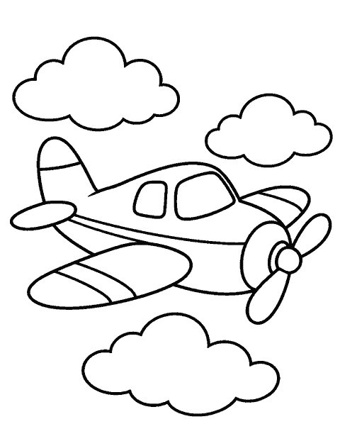 Small airplane flying between clouds coloring page