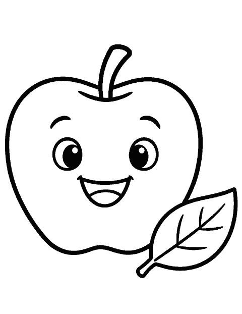Smiling apple beside one leaf coloring page