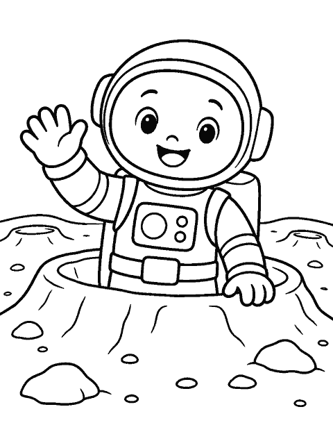 Smiling astronaut waving from a moon crater coloring page