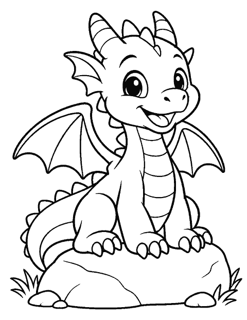Smiling baby dragon sitting on a smooth rock coloring page