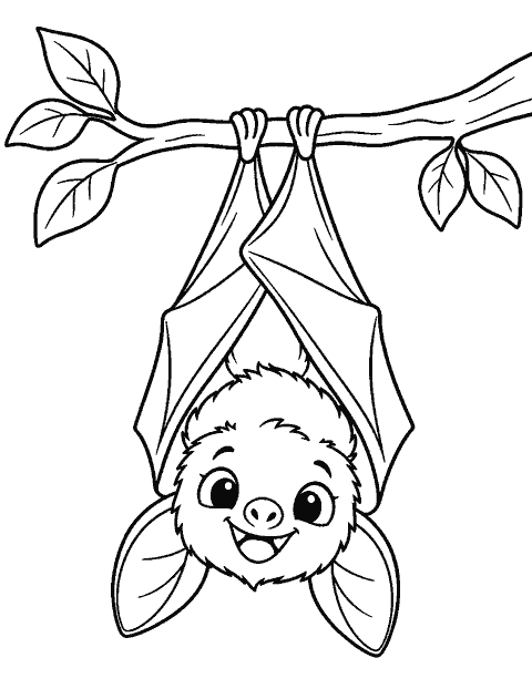 Smiling bat hanging upside down from a single tree branch coloring page
