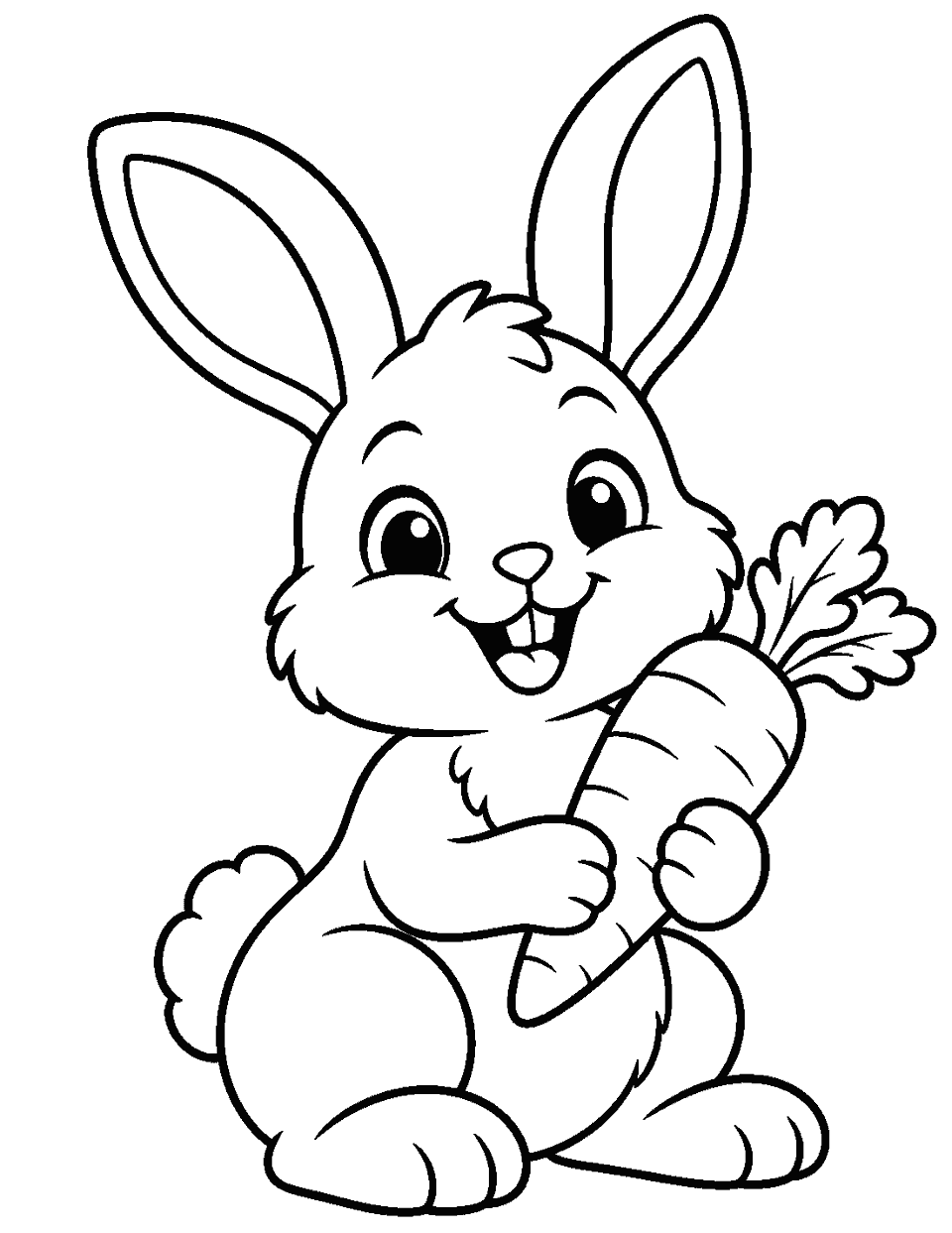 Smiling bunny holding one carrot coloring page, black and white line art