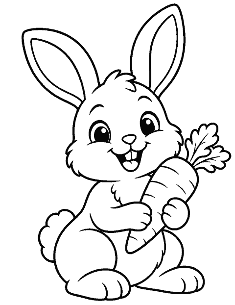 Smiling bunny holding one carrot coloring page
