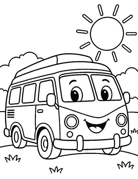 Smiling camper van under a broad sun coloring page