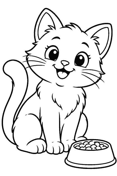 Smiling cat sitting beside a food bowl coloring page