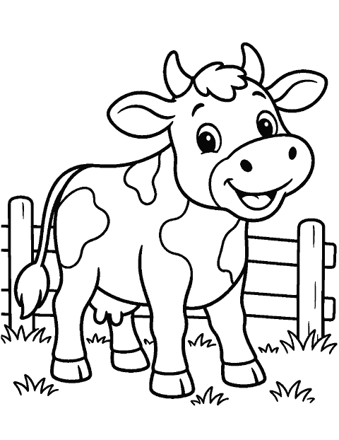 Smiling cow standing beside a fence coloring page
