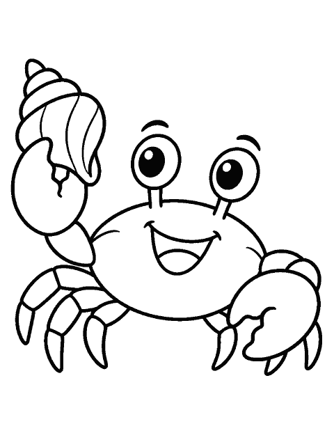 Smiling crab holding a seashell coloring page