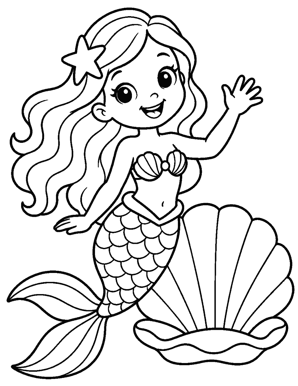 Smiling mermaid waving beside a large shell coloring page, black and white line art