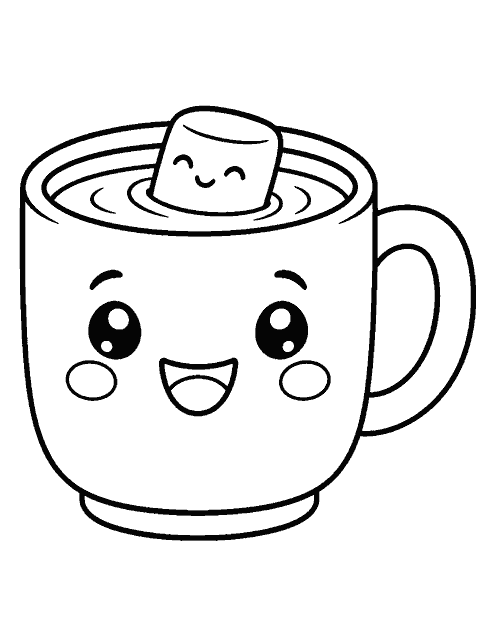 Smiling mug of cocoa with one marshmallow coloring page