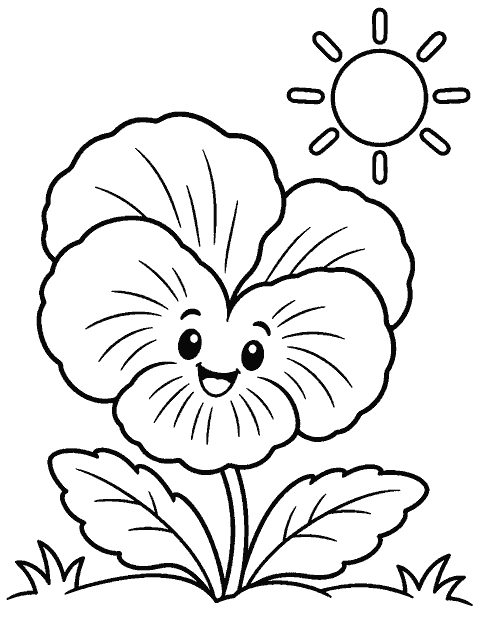 Smiling pansy under a bright sun coloring page