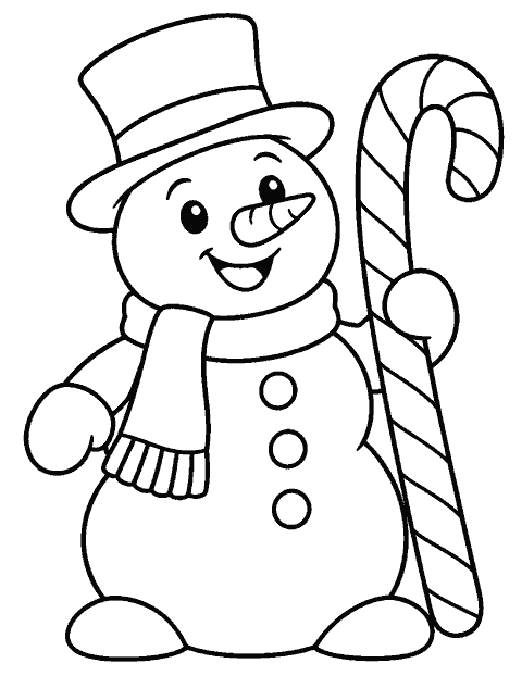 Smiling snowman holding one oversized candy cane coloring page
