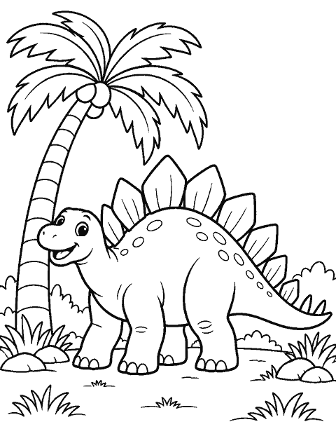 Smiling stegosaurus under one tall palm tree coloring page