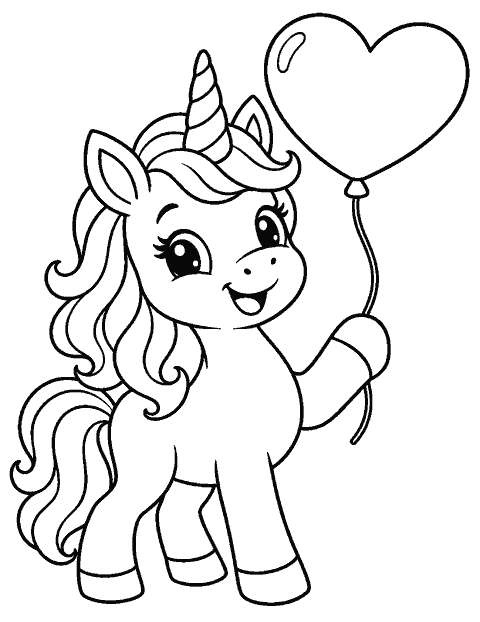 Smiling unicorn holding a heart-shaped balloon coloring page