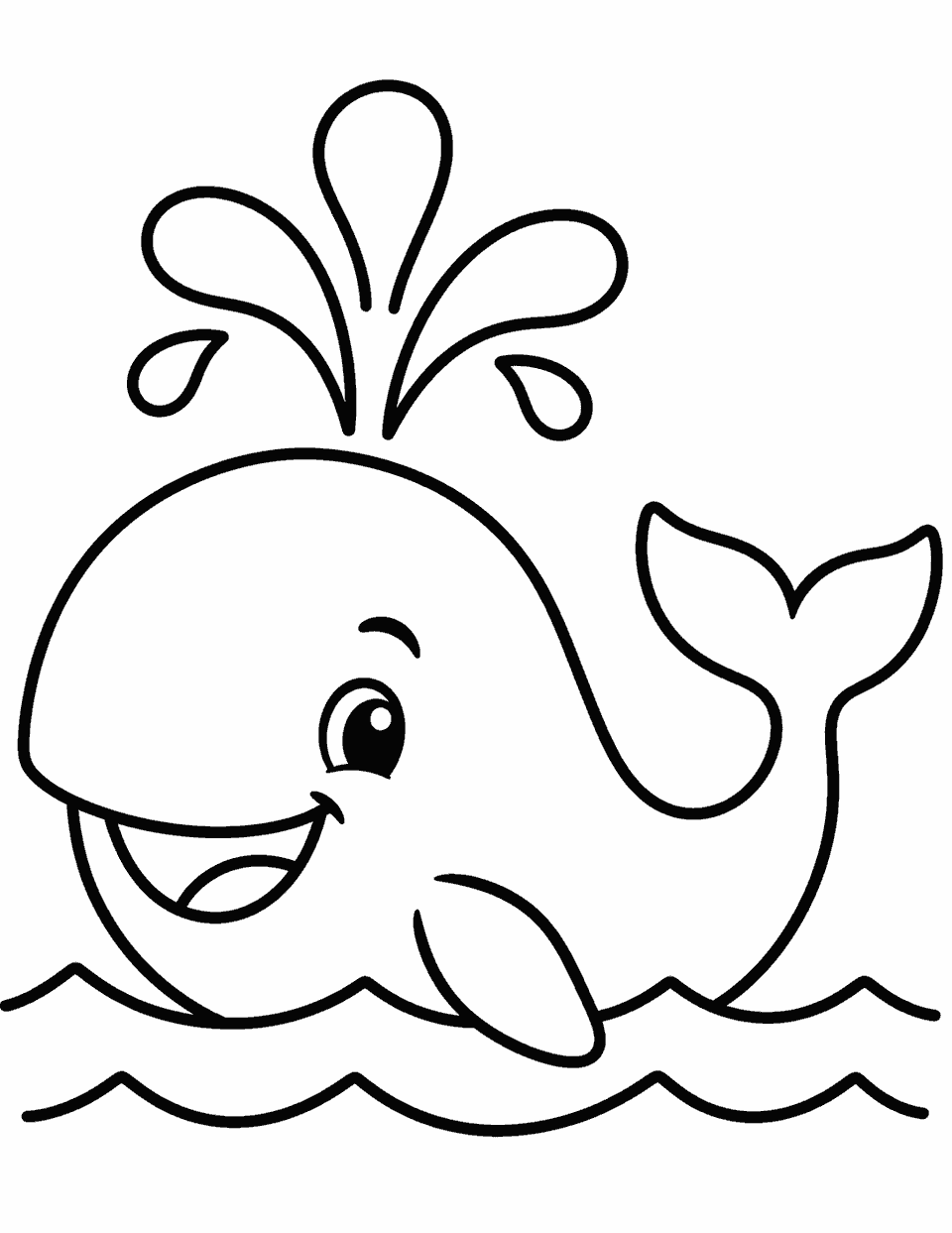 Smiling whale spouting water coloring page, black and white line art