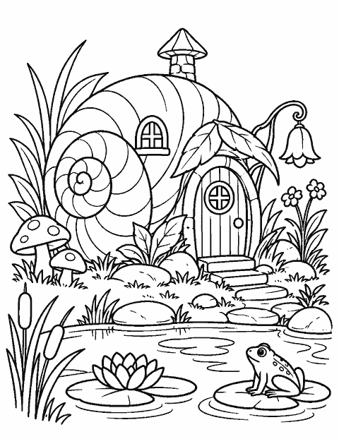 Snail-shell fairy house beside a pond coloring page