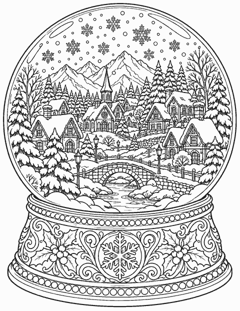 Snow globe with a tiny village coloring page