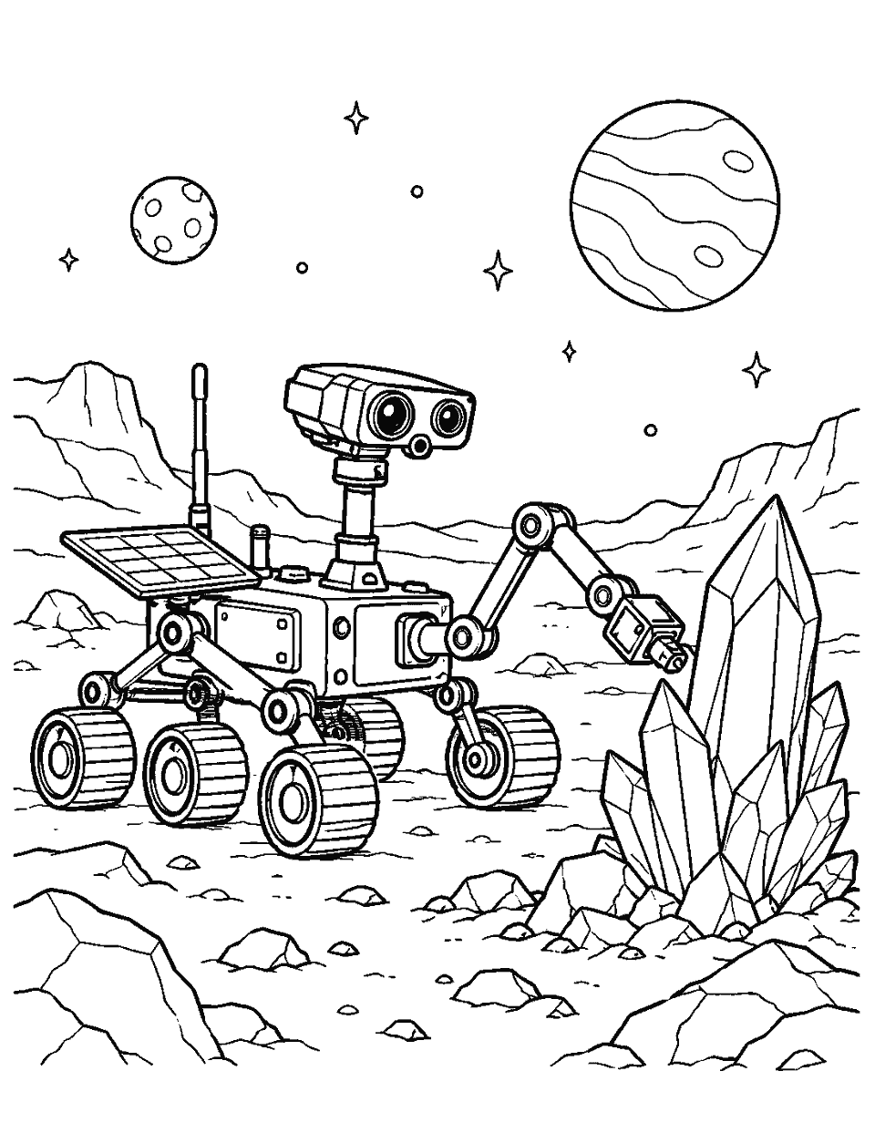 Space rover examining a tall crystal coloring page, black and white line art