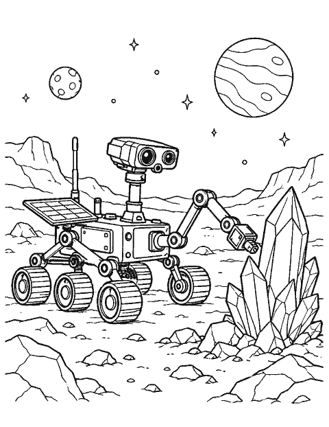 Space rover examining a tall crystal coloring page