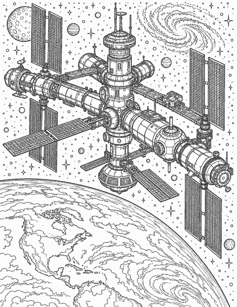 Space station above Earth coloring page