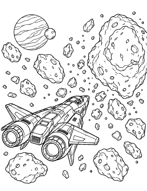 Spacecraft approaching an asteroid field coloring page