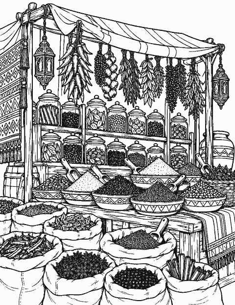 Spice market stall with jars, scoops and sacks coloring page