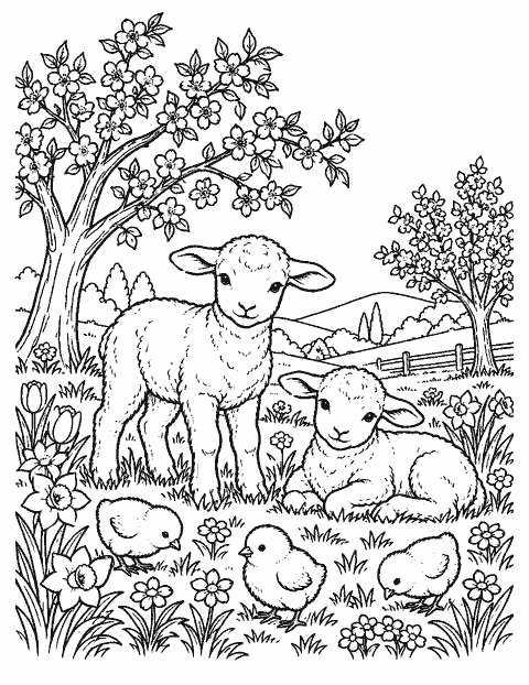 Spring meadow with lambs, chicks and blossoming trees coloring page