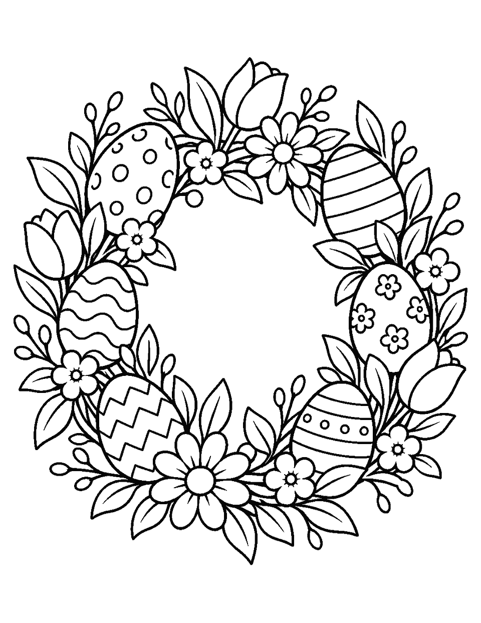 Spring wreath of eggs, leaves and flowers coloring page, black and white line art