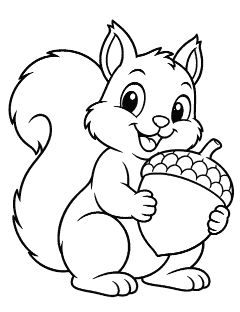 Squirrel holding one large acorn coloring page