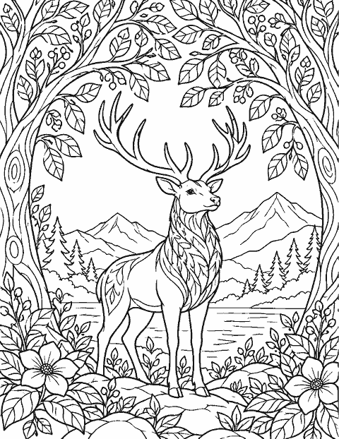 Stag beneath a canopy of patterned branches coloring page