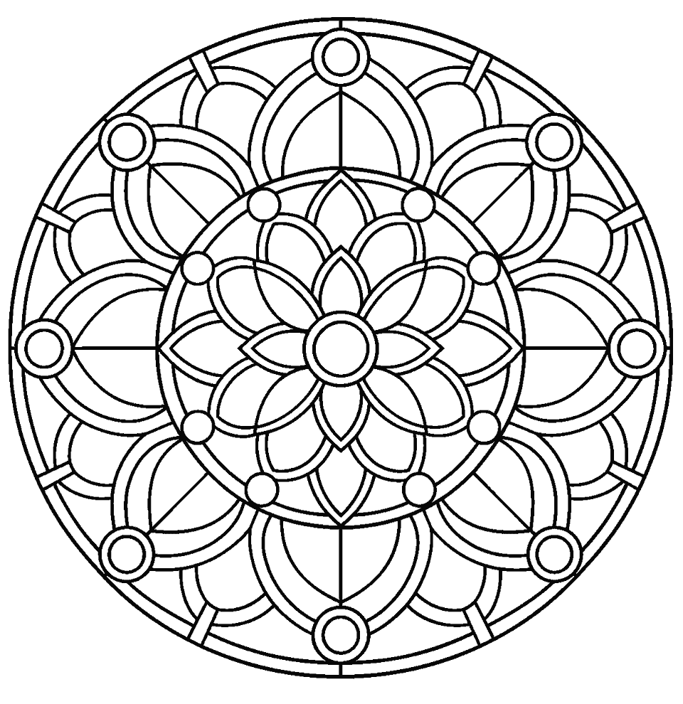 Stained-glass mandala of arches and small circles coloring page, black and white line art