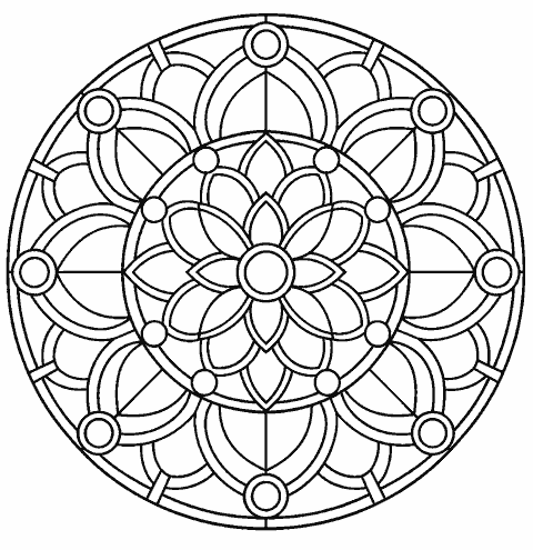 Stained-glass mandala of arches and small circles coloring page