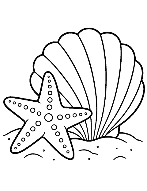 Starfish resting beside a large shell coloring page